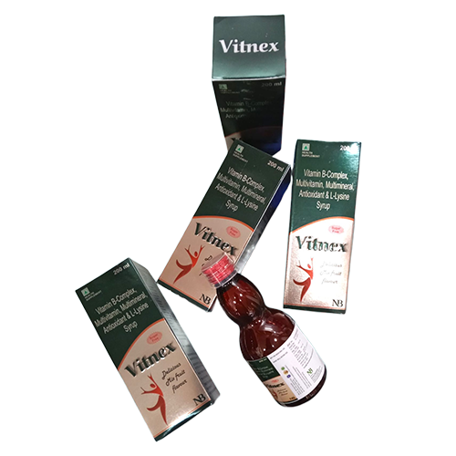 Vitnex Syp – Vitamin B-Complex + Multivitamin + Multimineral + Antioxidant & L-Lysine (Zinc Sulphate 22.2mg + Nicotinamide 7.5mg + Lysine Hcl 5mg + D-Panthenol 1.25mg + Thiamine Hcl 0.75mg + Riboflavine 0.75mg + Pyridoxine Hcl 0.5mg + Copper Sulphate 100mcg + Potassium Iodide 50mcg + Selenium 10mcg + Cyanocobalamin 0.5mcg + Vitamin A 1250iu 1250iu + Cholecalciferol 100iu + Vitamin E 2.5iu/5ml) | Nexbon Lifesciences